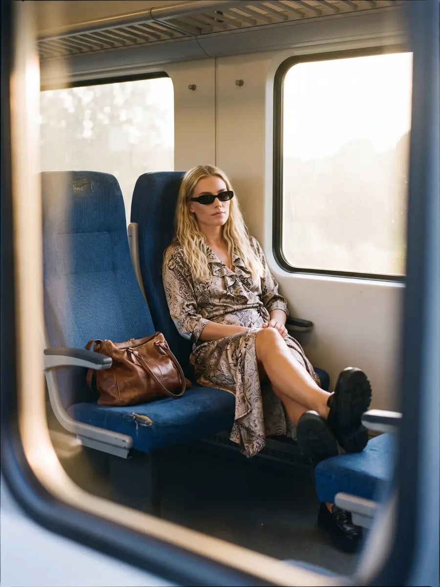 Woman resting on a train with her feet up