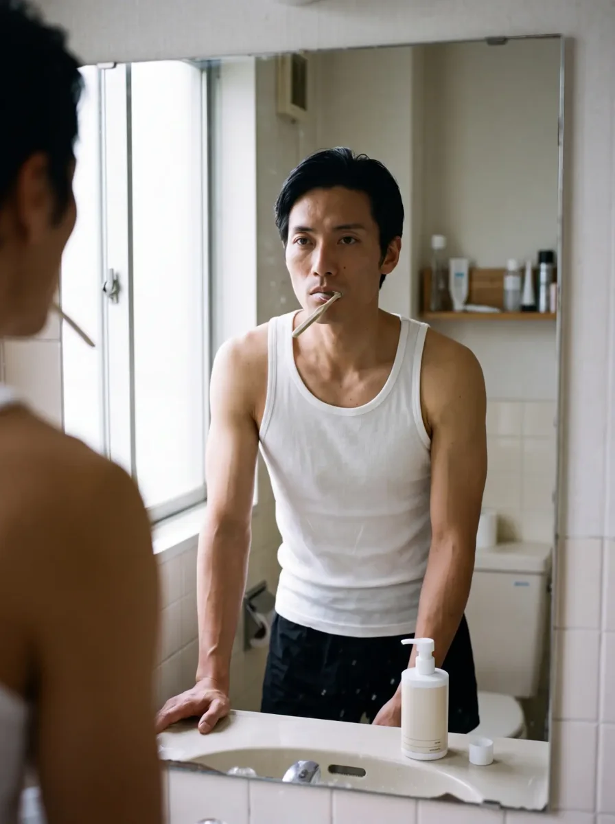 An everyday routine at the bathroom mirror