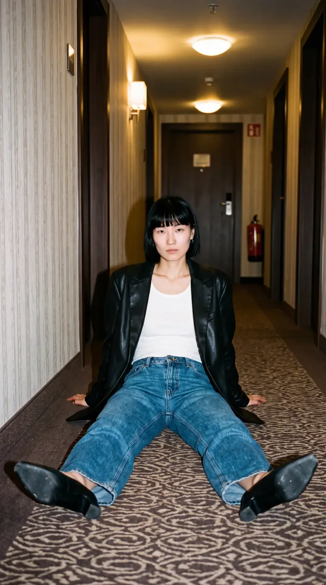 Taking a break in a hotel hallway