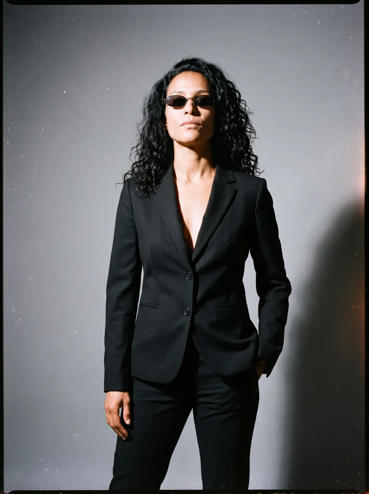 Woman with curly hair wearing a black suit and sunglasses