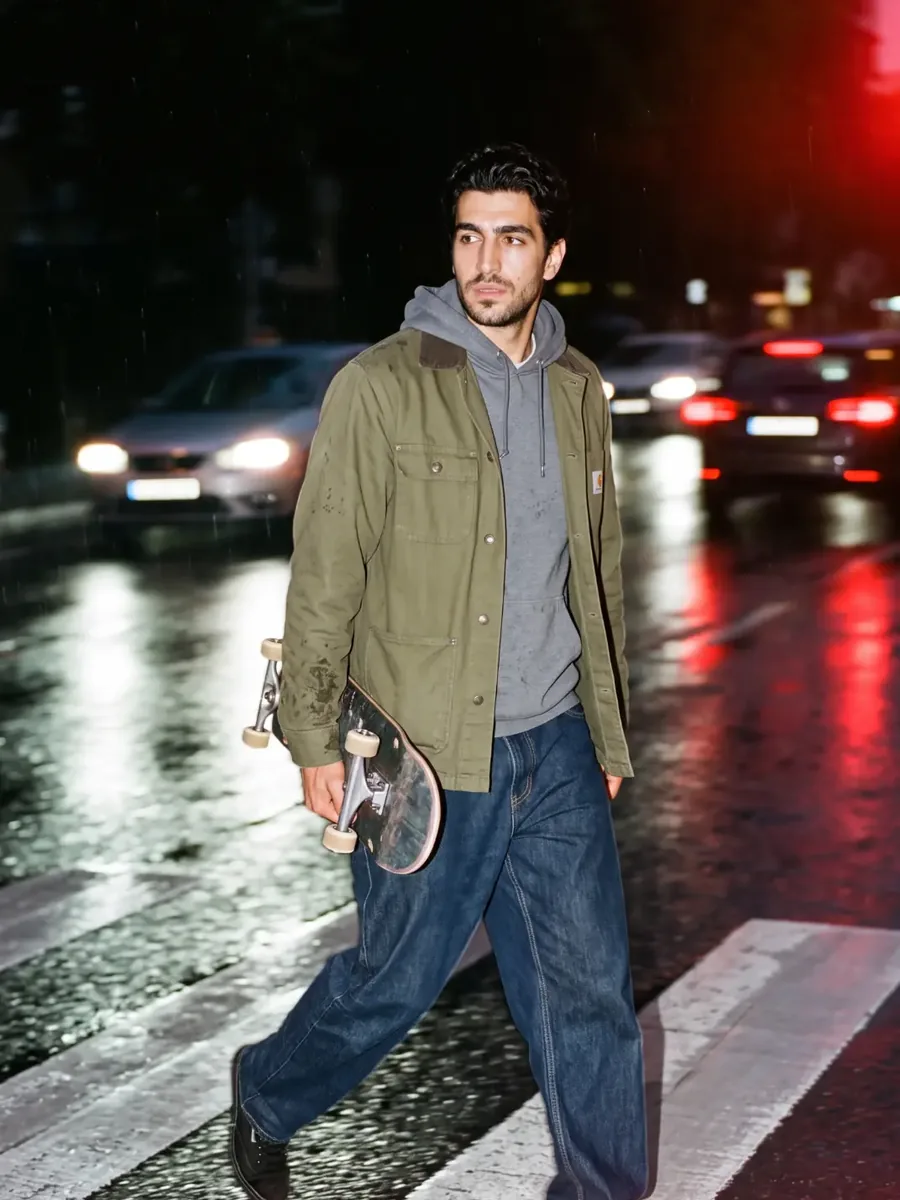 Man crossing a wet street at night with a skateboard