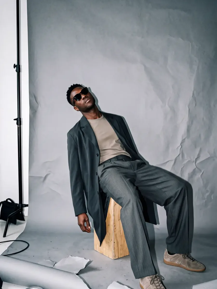 Man seated on a wooden crate in a photo studio
